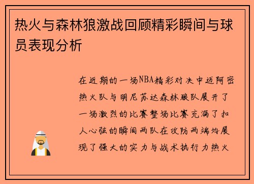 热火与森林狼激战回顾精彩瞬间与球员表现分析