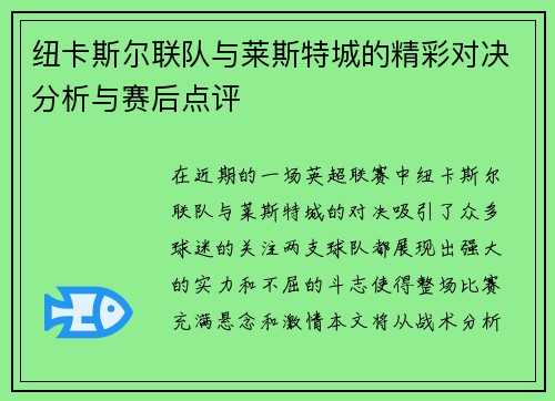 纽卡斯尔联队与莱斯特城的精彩对决分析与赛后点评